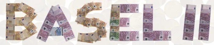 Gerahmter Druck : Basel II, geschrieben mit Banknoten. Gerahmter Druck : Basel II, geschrieben mit Banknoten.