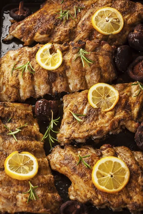 Gerahmter Druck : BBQ-Sparerippchen mit Orangen und Dips