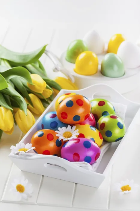 Gerahmter Druck : Schönes Osterstillleben mit frischen Tulpen. Gerahmter Druck : Schönes Osterstillleben mit frischen Tulpen.