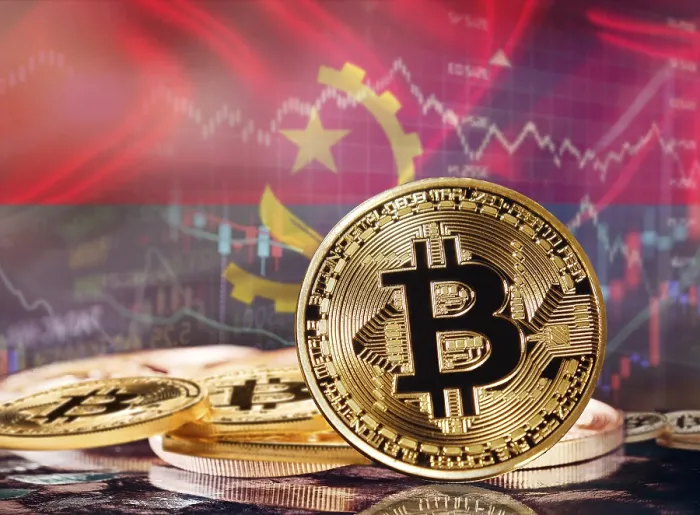 Gerahmter Druck : Bitcoin mit angolanischer Flagge im Hintergrund. Gerahmter Druck : Bitcoin mit angolanischer Flagge im Hintergrund.