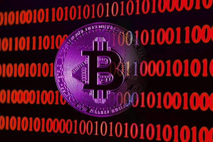 Gerahmter Druck : Bitcoin mit Binärcode Gerahmter Druck : Bitcoin mit Binärcode