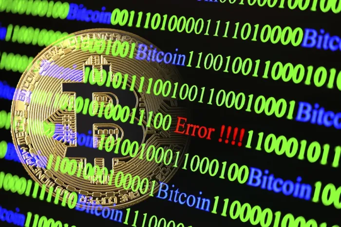 Gerahmter Druck : Bitcoin, binärer Code mit Buchstabenfehler. Gerahmter Druck : Bitcoin, binärer Code mit Buchstabenfehler.