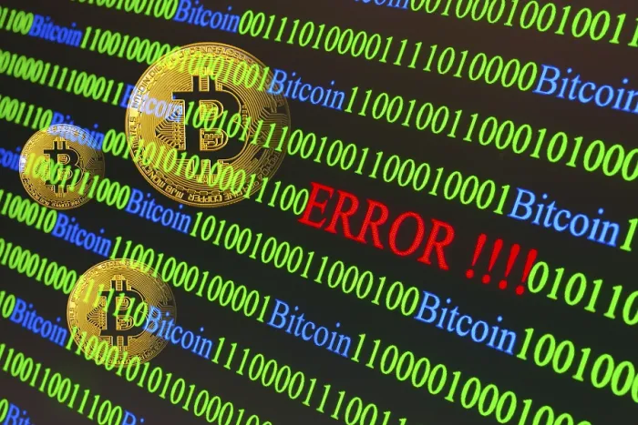 Gerahmter Druck : Bitcoin, binäres Code mit Buchstabenfehler. Gerahmter Druck : Bitcoin, binäres Code mit Buchstabenfehler.