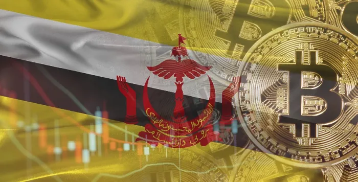 Gerahmter Druck : Bitcoin-Kryptowährung mit Flagge von Brunei. Gerahmter Druck : Bitcoin-Kryptowährung mit Flagge von Brunei.
