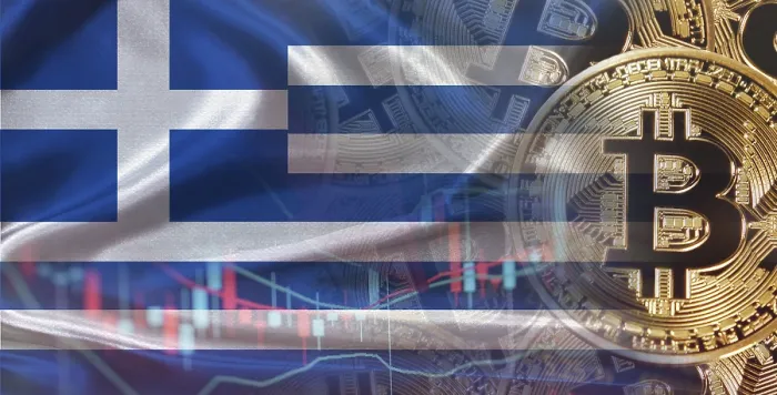 Gerahmter Druck : Bitcoin-Kryptowährung mit griechischem Flagge. Gerahmter Druck : Bitcoin-Kryptowährung mit griechischem Flagge.