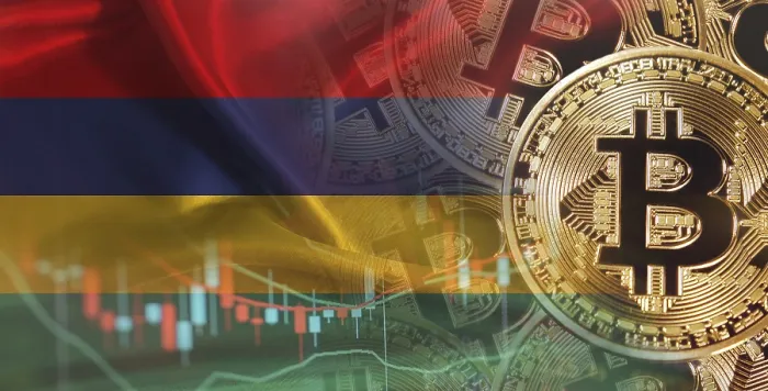 Gerahmter Druck : Bitcoin-Kryptowährung mit der Flagge von Mauritius. Gerahmter Druck : Bitcoin-Kryptowährung mit der Flagge von Mauritius.