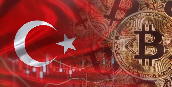 Gerahmter Druck : Bitcoin-Kryptowährung mit türkischer Flagge Gerahmter Druck : Bitcoin-Kryptowährung mit türkischer Flagge