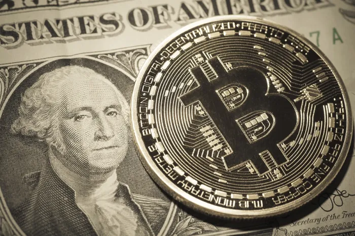 Gerahmter Druck : Ein Bitcoin auf Dollar-Schein. Gerahmter Druck : Ein Bitcoin auf Dollar-Schein.