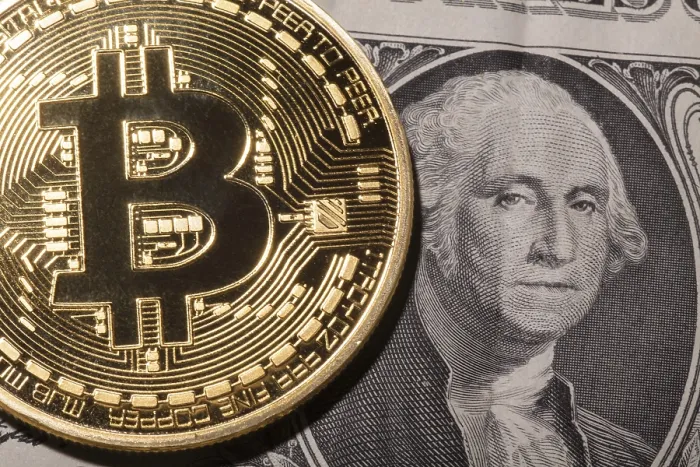 Gerahmter Druck : Ein Bitcoin auf Dollar-Schein. Gerahmter Druck : Ein Bitcoin auf Dollar-Schein.