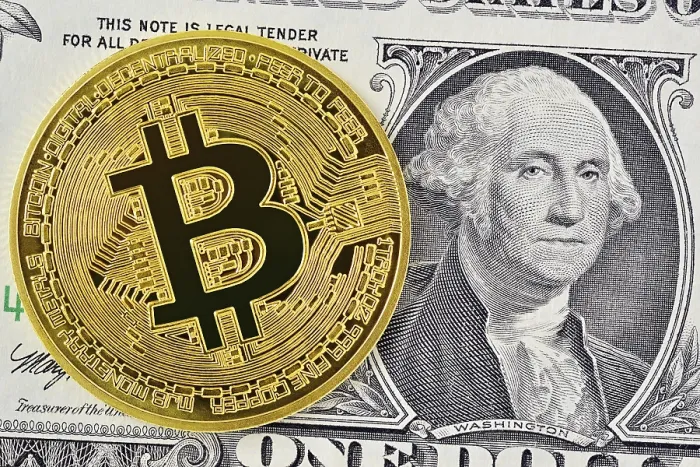 Gerahmter Druck : Bitcoin und ein US-Dollar-Schein. Gerahmter Druck : Bitcoin und ein US-Dollar-Schein.