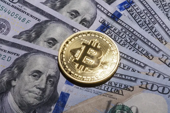 Gerahmter Druck : Ein Bitcoin auf hundert-Dollar-Scheinen. Gerahmter Druck : Ein Bitcoin auf hundert-Dollar-Scheinen.