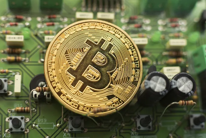 Gerahmter Druck : Bitcoin-Gold-Münze auf Computer-Kreisplatine Mikrochips. Gerahmter Druck : Bitcoin-Gold-Münze auf Computer-Kreisplatine Mikrochips.