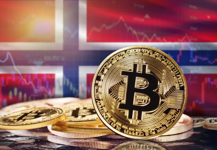 Gerahmter Druck : Bitcoin vor dem norwegischen Flaggenhintergrund. Anleger in Kryptowährungen und Blockchain-Technologie in Norwegen, Konzept Gerahmter Druck : Bitcoin vor dem norwegischen Flaggenhintergrund. Anleger in Kryptowährungen und Blockchain-Technologie in Norwegen, Konzept