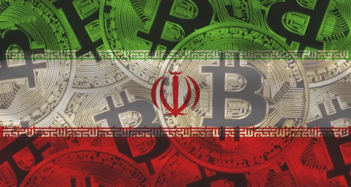 Gerahmter Druck : Bitcoins auf dem iranischen Flaggenhintergrund Gerahmter Druck : Bitcoins auf dem iranischen Flaggenhintergrund