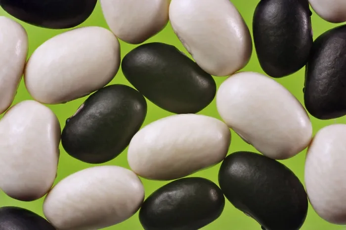 Gerahmter Druck : Schwarze und weiße Bohnen, Detail. Gerahmter Druck : Schwarze und weiße Bohnen, Detail.