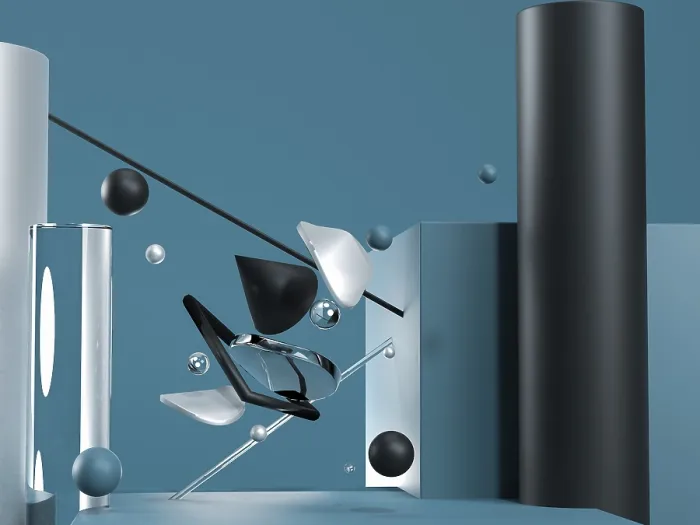 Gerahmter Druck : Blau abstrakte fliegende geometrische Objekte. Gerahmter Druck : Blau abstrakte fliegende geometrische Objekte.