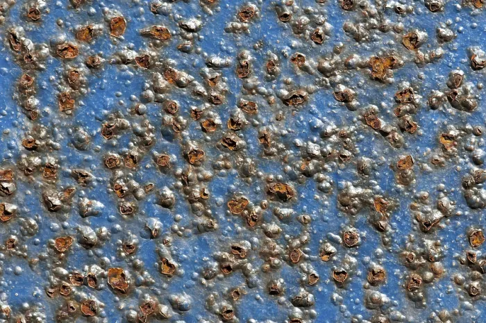 Gerahmter Druck : Rostiger blauer Metallgrund mit Blaumalerei Gerahmter Druck : Rostiger blauer Metallgrund mit Blaumalerei