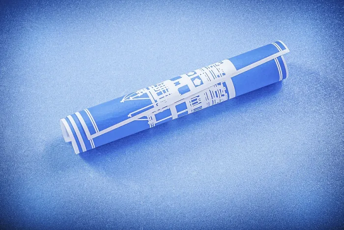 Gerahmter Druck : Pläne rollen auf blauer Hintergrund Baukonzept. Gerahmter Druck : Pläne rollen auf blauer Hintergrund Baukonzept.