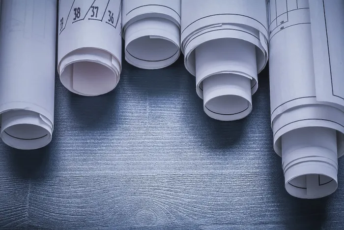 Gerahmter Druck : Fünf Pläne waren auf blauer Tafel gerollt. Gerahmter Druck : Fünf Pläne waren auf blauer Tafel gerollt.