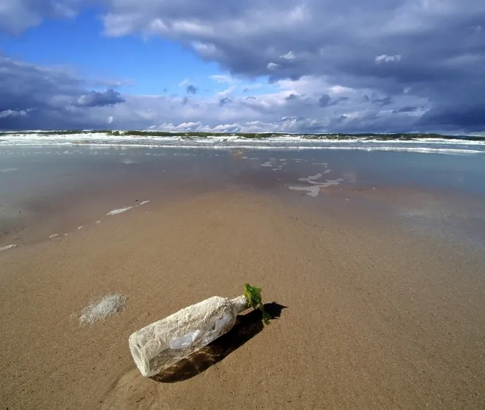 Gerahmter Druck : Flaschenpost wurde an einem Strand angespült. Gerahmter Druck : Flaschenpost wurde an einem Strand angespült.