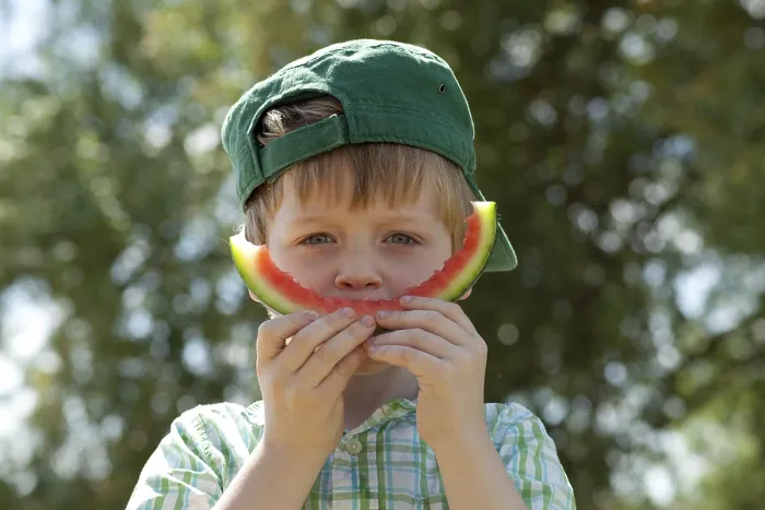 Gerahmter Druck : Junge isst Wassermelone. Gerahmter Druck : Junge isst Wassermelone.