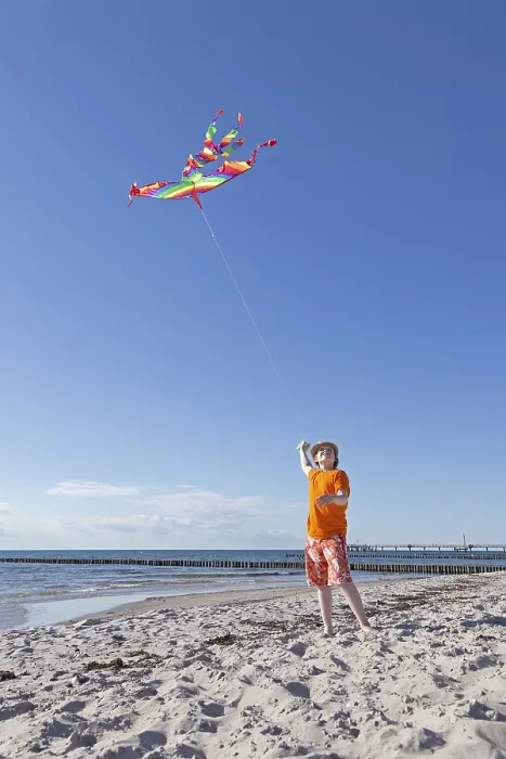 Gerahmter Druck : Ein Junge spielt mit einem Drachen am Strand. Gerahmter Druck : Ein Junge spielt mit einem Drachen am Strand.