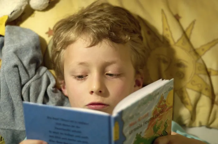 Gerahmter Druck : Junge liest im Bett. Gerahmter Druck : Junge liest im Bett.
