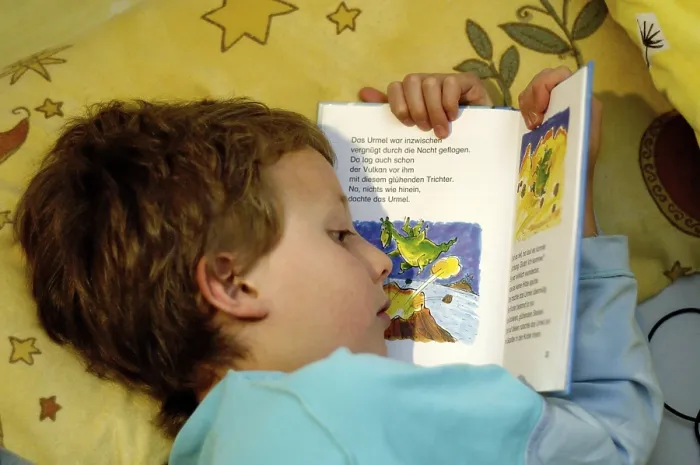 Gerahmter Druck : Junge liest im Bett. Gerahmter Druck : Junge liest im Bett.