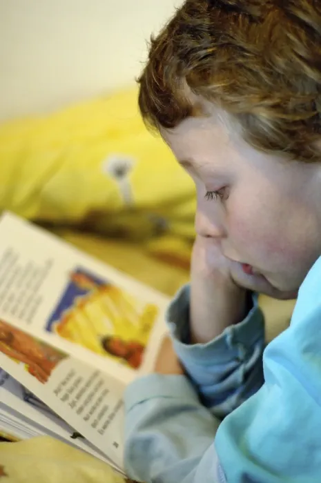 Gerahmter Druck : Junge liest im Bett. Gerahmter Druck : Junge liest im Bett.