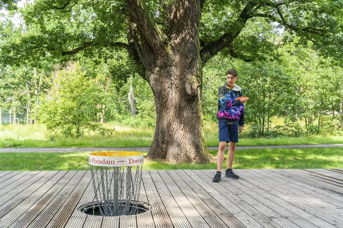 Gerahmter Druck : Ein Junge wirft einen Disc im Diskgolf. Gerahmter Druck : Ein Junge wirft einen Disc im Diskgolf.