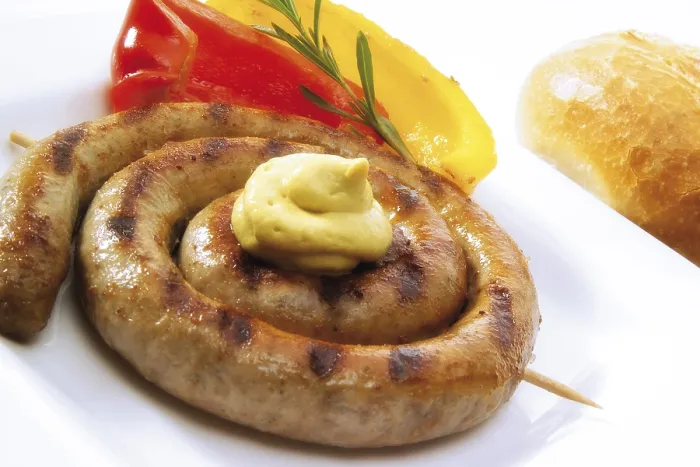 Gerahmter Druck : Bratwurst mit Senf.