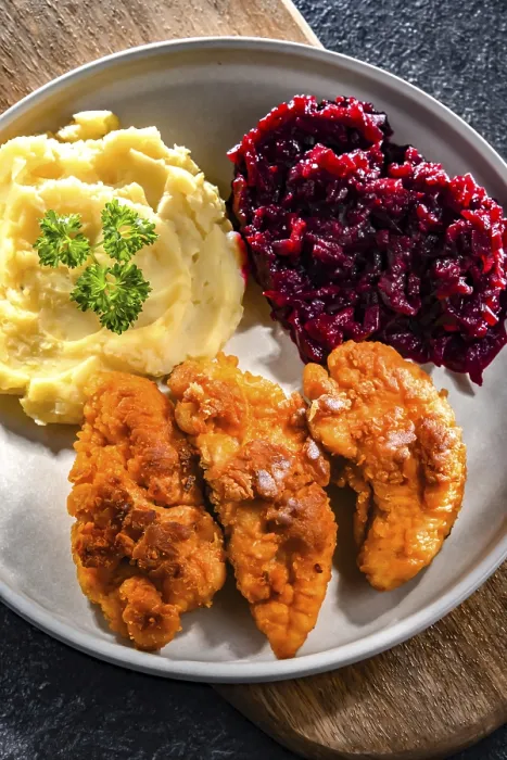 Gerahmter Druck : Gepflegtes Hähnchenbrustfilet in Brotkrumen, serviert mit Kartoffeln und Rotkohl. Gerahmter Druck : Gepflegtes Hähnchenbrustfilet in Brotkrumen, serviert mit Kartoffeln und Rotkohl.
