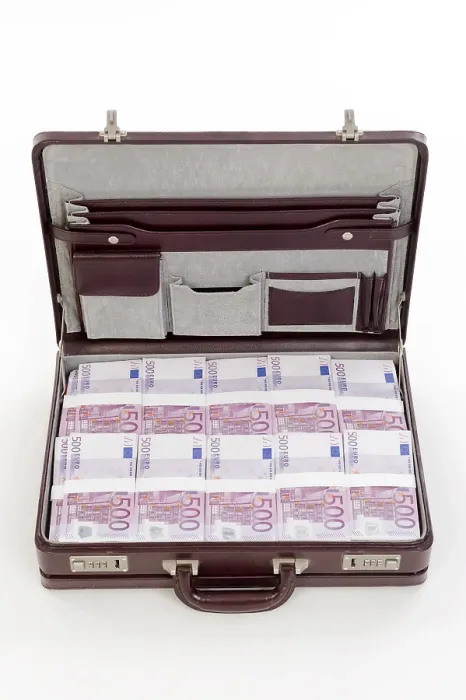 Gerahmter Druck : Koffer voller Banknoten. Gerahmter Druck : Koffer voller Banknoten.