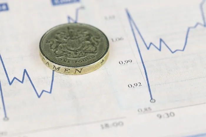 Gerahmter Druck : Britischer Pfund-Schein über Finanzgraph, Wirtschaftskonzept Gerahmter Druck : Britischer Pfund-Schein über Finanzgraph, Wirtschaftskonzept