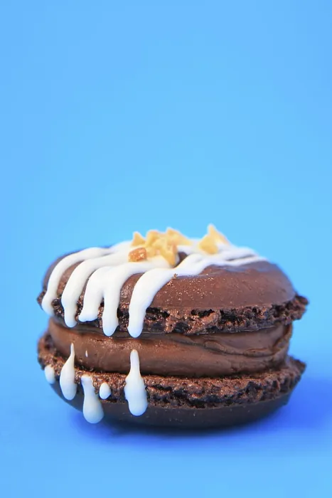 Gerahmter Druck : Brown Cake macaron oder Macaroon auf blauer Hintergrund. Gerahmter Druck : Brown Cake macaron oder Macaroon auf blauer Hintergrund.