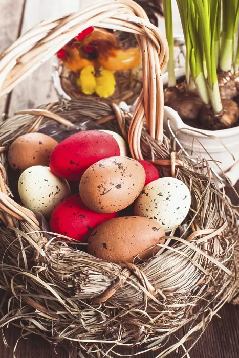 Gerahmter Druck : Braune, rote und gelbe Eier im Korb, Osterdekoration. Gerahmter Druck : Braune, rote und gelbe Eier im Korb, Osterdekoration.