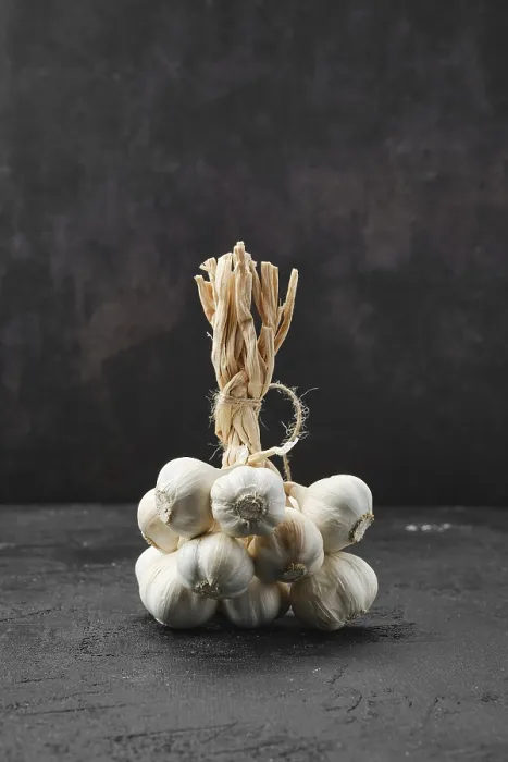 Gerahmter Druck : Knäuel Knoblauch auf dunklem Hintergrund Gerahmter Druck : Knäuel Knoblauch auf dunklem Hintergrund