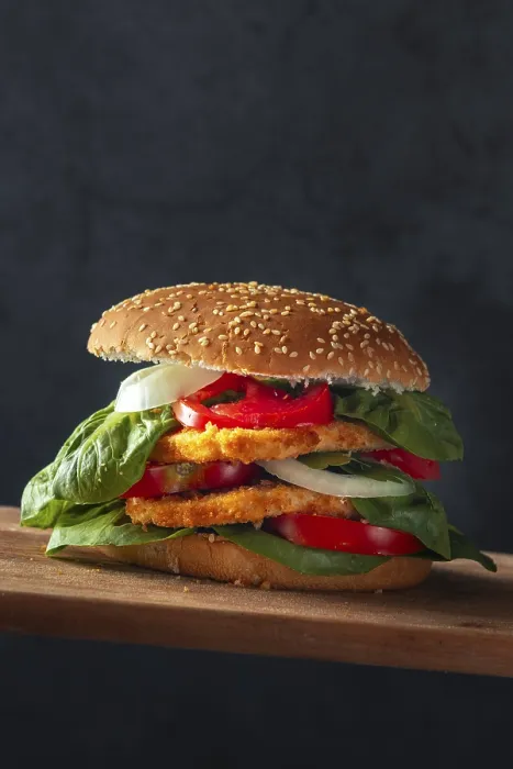 Gerahmter Druck : Burger mit Schnitzel, Tomaten. Gerahmter Druck : Burger mit Schnitzel, Tomaten.