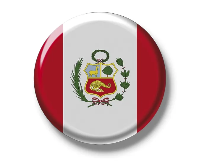 Gerahmter Druck : Knopf-Abzeichen, Flagge von Peru. Gerahmter Druck : Knopf-Abzeichen, Flagge von Peru.
