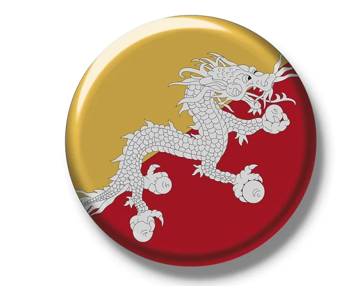Gerahmter Druck : Knopf, Flagge von Bhutan. Gerahmter Druck : Knopf, Flagge von Bhutan.