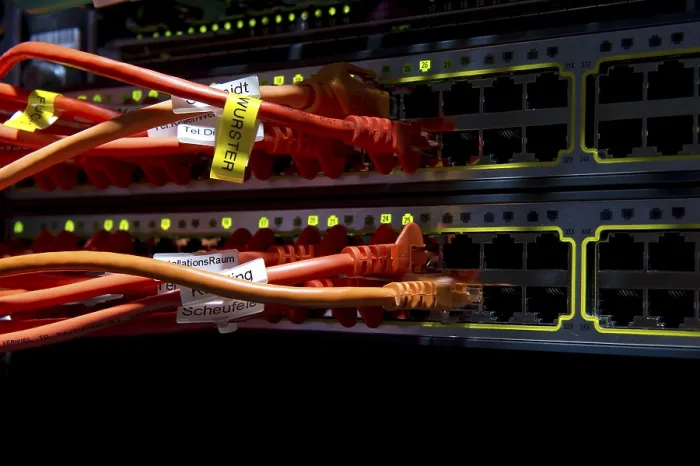 Gerahmter Druck : Kabelverlegung und Stecker auf einem Internet-Server. Gerahmter Druck : Kabelverlegung und Stecker auf einem Internet-Server.