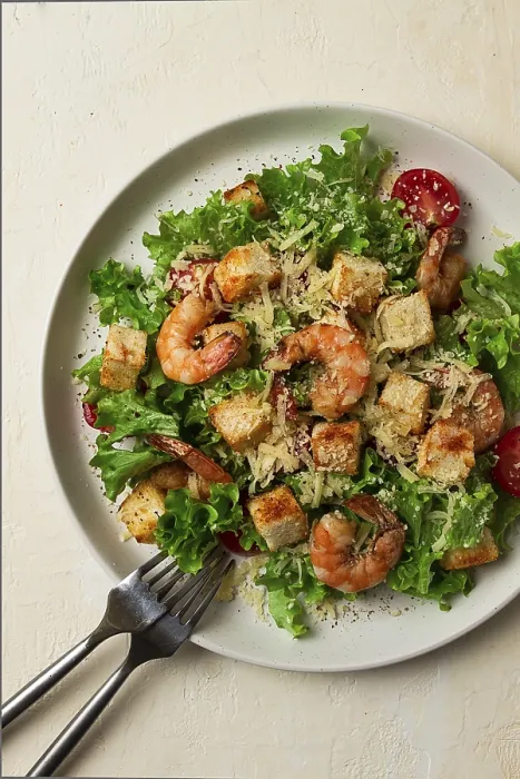Gerahmter Druck : Salat Caesar, mit Garnelen, auf weißem Hintergrund. Gerahmter Druck : Salat Caesar, mit Garnelen, auf weißem Hintergrund.