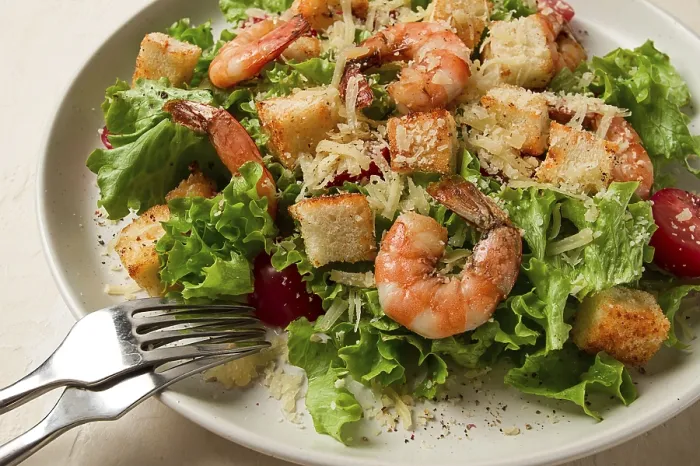 Gerahmter Druck : Salat Caesar, mit Garnelen, auf weißem Hintergrund. Gerahmter Druck : Salat Caesar, mit Garnelen, auf weißem Hintergrund.