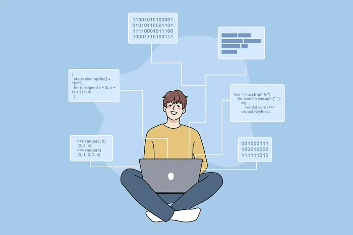 Gerahmter Druck : Ein lächelnder männlicher Software-Engineer arbeitet an einem Computer und schreibt Codes und Programme. Gerahmter Druck : Ein lächelnder männlicher Software-Engineer arbeitet an einem Computer und schreibt Codes und Programme.
