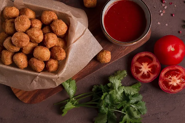 Gerahmter Druck : Hähnchen-Popcorn, tiefgefroren, Nuggets. Gerahmter Druck : Hähnchen-Popcorn, tiefgefroren, Nuggets.