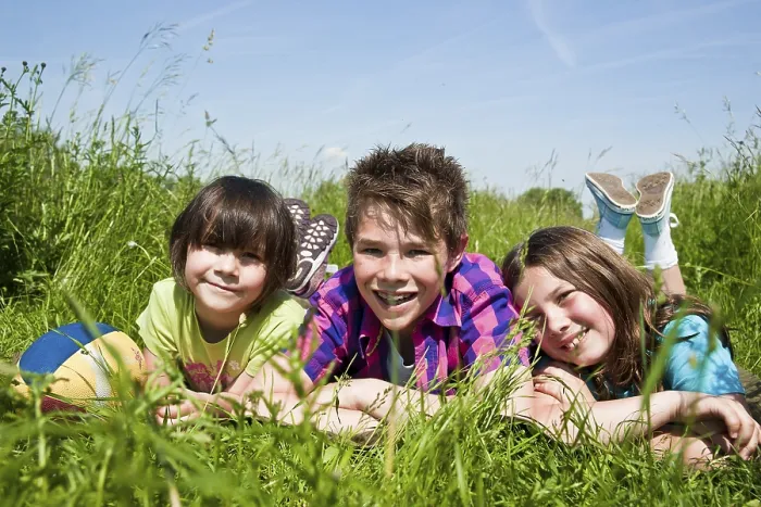 Gerahmter Druck : Drei Kinder liegen in einem Wiesengrund. Gerahmter Druck : Drei Kinder liegen in einem Wiesengrund.