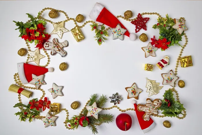 Gerahmter Druck : Weihnachten, Hintergrund, Rahmen, mit Keksen und Dekoration. Gerahmter Druck : Weihnachten, Hintergrund, Rahmen, mit Keksen und Dekoration.