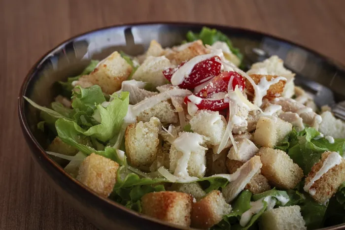 Gerahmter Druck : Klassischer Caesar-Salat, Nahansicht. Gerahmter Druck : Klassischer Caesar-Salat, Nahansicht.