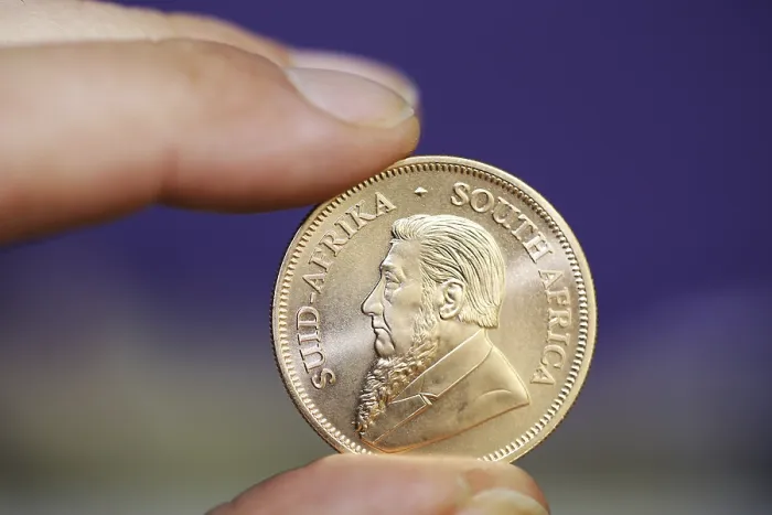 Gerahmter Druck : Nahaufnahme eines Krugerrands. Gerahmter Druck : Nahaufnahme eines Krugerrands.