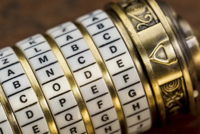 Gerahmter Druck : Codewort als Passwort für eine Kombinationspuzzlebox mit Ringen von Buchstaben.